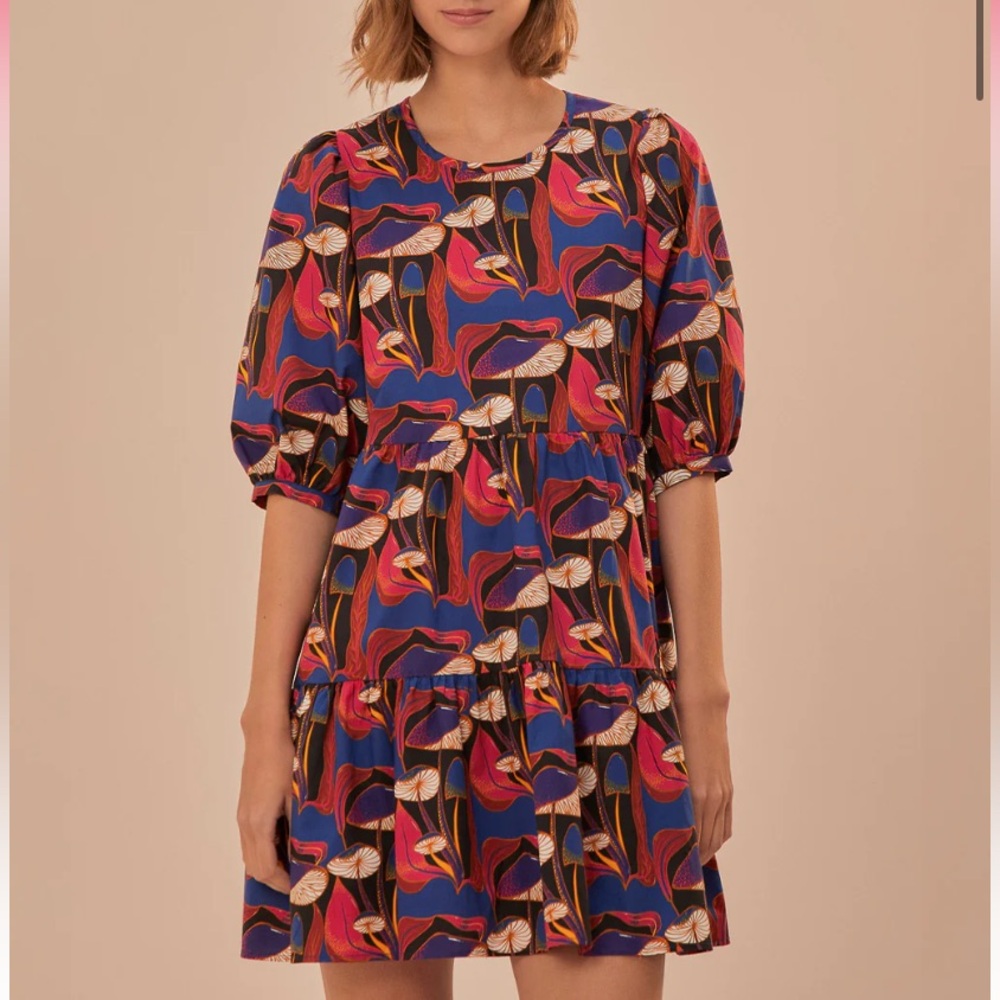 Farm Rio NWT Wild Mushrooms Black Puff Sleeve Mini Dress Size Small